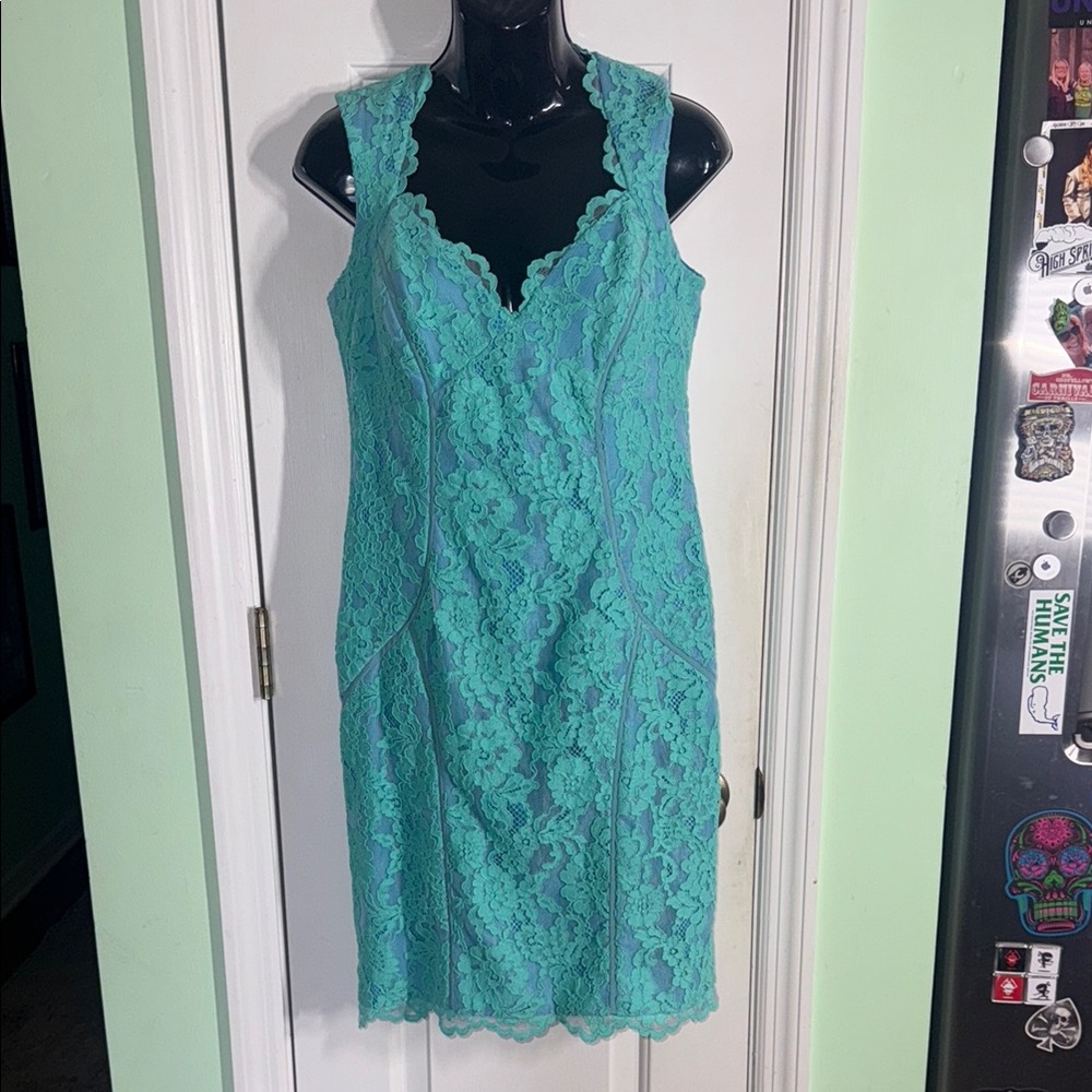 Nicole Miller Teal Lace Sleeveless Cocktail Wedding Guest Spring Dress Size 8